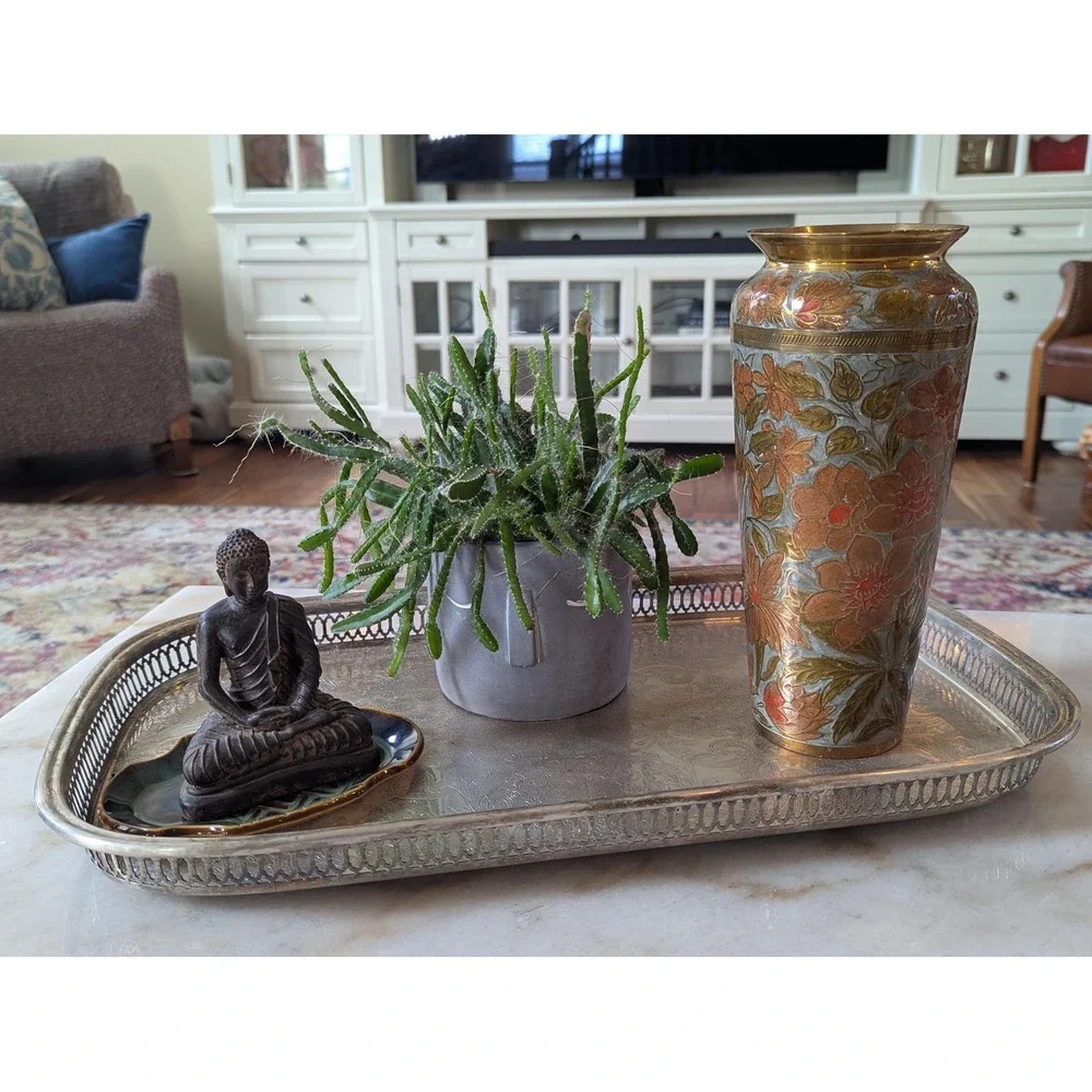 Vintage Hand-Etched Brass Cloisonné Vase – India